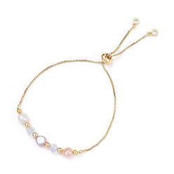 Golden Adjustable Brass Slider Bracelets, Bolo Bracelets, with Natural Pearl, Glass Beads and Brass Beads, Golden, 10-5/8 inch(27cm)
