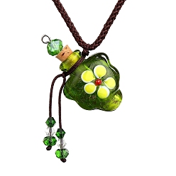 Green Flower Pattern Handmade Lampwork Perfume Essence Bottle Pendant Necklace, Adjustable Braided Cord Necklace, Sweater Necklace for Women, Green, 17-3/4~25-1/2 inch(45~65cm)