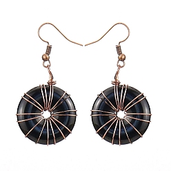 Obsidian Natural Obsidian Donut/Pi Disc Dangle Earrings, Red Copper Alloy Wire Wrap Earrings, 25mm