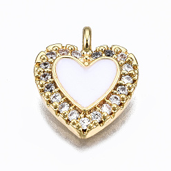 Белый Латунные микропаве прозрачные кубические циркониевые подвески, с эмалью, без кадмия, без никеля и без свинца, сердце, реальный 16 k позолоченный, белые, 13x11x2.5 мм, отверстие : 1.8 мм