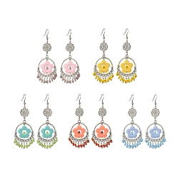 Mixed Color Alloy Ring Chandelier Earrings, Lampwork Flower with Evil Eye Drop Earrings for Women, Mixed Color, 80x30.5mm