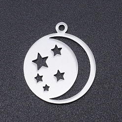 Stainless Steel Color 201 Stainless Steel Laser Cut Pendants, Star with Moon, Stainless Steel Color, 20.5x18x1mm, Hole: 1.4mm