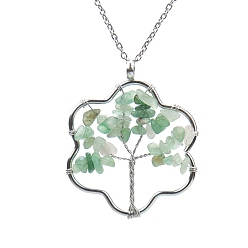 Green Aventurine Natural Green Aventurine Chips Beaded Flower with Tree Pendant Necklaces, with Platinum Brass Chains, 20.87 inch(53cm)
