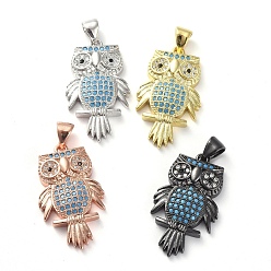 Mixed Color Brass Micro Pave Cubic Zirconia Pendants, Owl, Colorful, Mixed Color, 25x14.5x4mm, Hole: 4x4mm