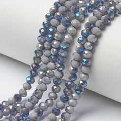 Dark Gray Electroplate Opaque Solid Color Glass Beads Strands, Half Plated, Blue Plated, Faceted, Rondelle, Dark Gray, 4x3mm, Hole: 0.4mm, about 123~127pcs/strand, 16.5~16.9 inch(42~43cm)