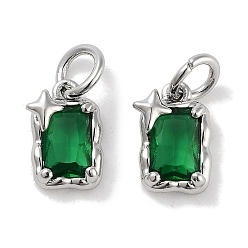 Зеленый Латунные микро проложить кубического циркония прелести, с целью перехода в кольце, прямоугольник со звездой, платина, зелёные, 9.5x6x3 мм, отверстие : 3 мм