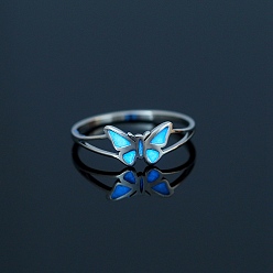 Stainless Steel Color Glow in the Dark Luminous Stainless Steel Butterfly Finger Ring, with Enamel, Stainless Steel Color, Inner Diameter: 18mm