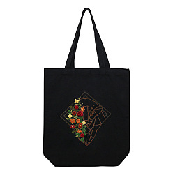 Black DIY Flower & Origami Animal Pattern Black Canvas Tote Bag Embroidery Kit, including Embroidery Needles & Thread, Cotton Fabric, Plastic Embroidery Hoop, Black, 390x340mm