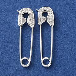 Серебро Латунные микропаве прозрачные подвески с фианитом, подвески-скрепки, серебряные, 34x10x3.5 мм, отверстие : 1.2 мм