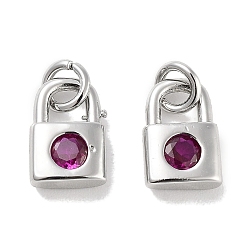 Medium Violet Red Brass Micro Pave Cubic Zirconia Charms, with Jump Ring, Lock, Platinum, Medium Violet Red, 9x5.5x2.5mm, Hole: 1.6mm