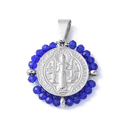 Королевский синий 304 подвески из нержавеющей стали, со стеклянными бусинами, плоский круглый с шалфеем, цвет нержавеющей стали, королевский синий, 27.5x28x3.5 мм, отверстие : 8x4 мм