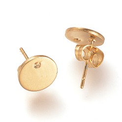 Настоящее золото 18K 304 Выводы серьги из нержавеющей стали шпилька, с петлей и ушными гайками, плоско-круглые, реальный 18 k позолоченный, 8 мм, отверстие : 1.5 мм, штифты : 0.8 мм