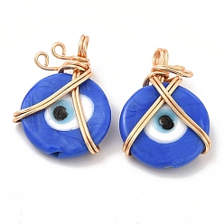 Blue Wire Wrapped Handmade Lampwork Pendants, with Copper Findings, Real 18K Gold Plated, Long-Lasting Plated, Flat Round with Evil Eye, Blue, 25x18x7mm, Hole: 2.9mm