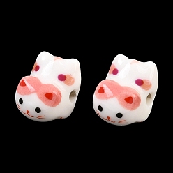 Pink Расписанные вручную фарфоровые бусины ручной работы, милая миниатюрная кошечка, розовые, 15~16x13~13.5x11 мм, отверстие : 2.5 мм