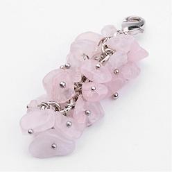 Pink Natural Chip Rose Quartz Pendant Decorations, with Brass Lobster Claw Clasps, Platinum, Pink, 53mm