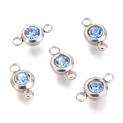Light Sapphire 304 Stainless Steel Rhinestone Links Connectors, Flat Round, Stainless Steel Color, Light Sapphire, 12x6.5x4mm, Hole: 2mm
