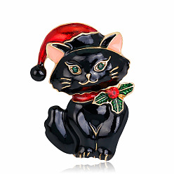 Black Christmas Cat Enamel Pin, Golden Alloy Brooch for Backpack Clothes, Black, 43x30mm
