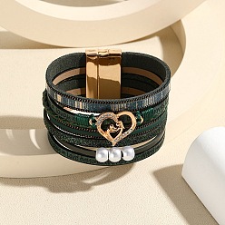 Dark Green Heart Link Leather Multi-strand Bracelets, Word Bracelet with Magnetic Clasp for Mother's Day, Dark Green, 7-7/8 inch(20cm)