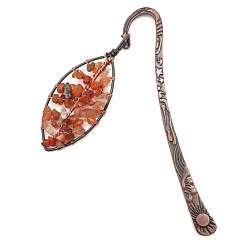 Carnelian Natural Carnelian Chip Beaded Leaf Pendant Bookmark, Red Copper Plated Alloy Hook Bookmark