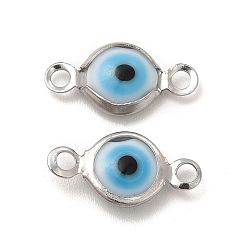 White 304 Stainless Steel Connector Charms, Flat Round Links with Evil Eye Pattern, with Glass Enamel, Stainless Steel Color, White, 13x6.5x2.5mm, Hole: 1.5mm
