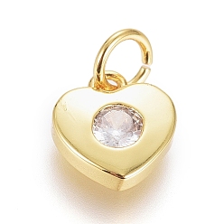 Real 18K Gold Plated Brass Micro Pave Cubic Zirconia Pendants, with Jump Ring, Long-Lasting Plated, Heart, Clear, Real 18K Gold Plated, 7.5x7x2mm, Hole: 2.5mm