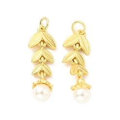 Matte Gold Color ABS Plastic Imitation Pearl Pendants, with Brass Findings and Jump Rings, Cadmium Free & Lead Free, Leaf & Round, Matte Gold Color, 30mm, Hole: 3.6mm