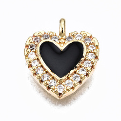 Черный Латунные микропаве прозрачные кубические циркониевые подвески, с эмалью, без кадмия, без никеля и без свинца, сердце, реальный 16 k позолоченный, чёрные, 13x11x2.5 мм, отверстие : 1.8 мм