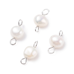 White Natural Freshwater Pearl Connector Charms, with 304 Stainless Steel Loops, Nuggets, White, 14x6~8x5~5.5mm, Hole: 1.5~2.5mm