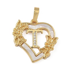 Letter T Латунь микропаве фианиты с подвесками-ракушками, Сердце и письмо, долговечный, без свинца и без кадмия, стойки покрытие, Письмо T, 20x20.5x3 мм, отверстие : 3.5x5 мм