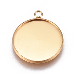 Golden Ion Plating(IP) 304 Stainless Steel Pendant Cabochon Settings, Plain Edge Bezel Cups, Flat Round, Golden, Tray: 22mm, 27.5x23.8x2mm, Hole: 2.2mm