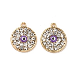 Pourpre Plaqué or pendentifs en alliage d'émail, avec strass, plaqué longue durée, plat rond avec breloque mauvais œil, pourpre, 18x15x3mm, Trou: 1.5mm