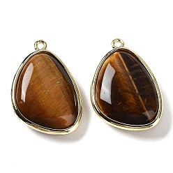 Tiger Eye Natural Tiger Eye Pendants, with Golden Plated Brass Edge Loops, Faceted, Triangle, 27x18x7.5mm, Hole: 1.6mm