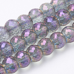 Plum Electroplated Glass Beads Strands, Rainbow Plated, Faceted, Rondelle, Plum, 8x6mm, Hole: 1.2mm, about 80pcs/strand, 19.69 inch