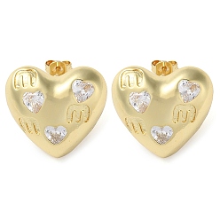 Real 18K Gold Plated Heart Brass Micro Pave Clear Cubic Zirconia Stud Earrings, Long-Lasting Plated, Lead Free & Cadmium Free, Real 18K Gold Plated, 19.5x21mm