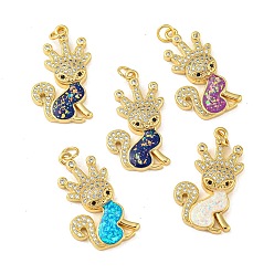 Mixed Color Brass Pendants Micro Pave Cubic Zirconia with Synthetic Opal, with Jump Rings, Real 18K Gold Plated, Deer, Mixed Color, 28x16x4mm, Hole: 3.5mm