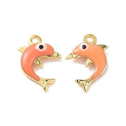 Coral Brass Enamel Pendants, Real 18K Gold Plated, Dolphin with Evil Eye, Coral, 12.5x8x3mm, Hole: 1mm