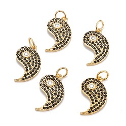 Real 18K Gold Plated Brass Micro Pave Black Cubic Zirconia Pendants, Long-Lasting Plated Comma, Real 18K Gold Plated, 18x9x2mm, Hole: 3.5mm, Ring: 5x1mm
