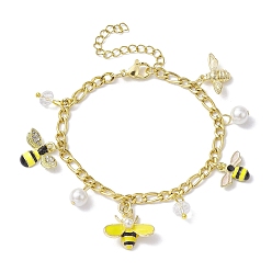 Golden Shell Pearl & Alloy Enamel Bees Charm Bracelet, with 304 Stainless Steel Figaro Chains, Golden, 6-3/4 inch(17.2cm)