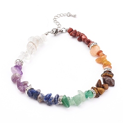 Mixed Stone Chakra Chips Natural Gemstone Beaded Anklets, with Alloy Beads, Antique Silver & Platinum, 9-1/8 inch(23cm)