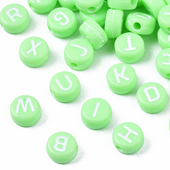Pale Green Opaque Acrylic Beads, Horizontal Hole, Mixed Letters, Flat Round with Letter, Random Letters, Pale Green, 7x4mm, Hole: 1.5mm, about 3700pcs/500g