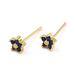 Marine Blue Cubic Zirconia Flower Stud Earrings, Real 18K Gold Plated Brass Jewelry for Women, Cadmium Free & Lead Free, Marine Blue, 15x5x5mm, Pin: 0.7mm