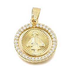 Real 18K Gold Plated Religion Brass Micro Pave Clear Cubic Zirconia Pendants, Flat Round with Virgen de Juquila Charms, Rack Plating, Long-Lasting Plated, Cadmium Free & Lead Free, Real 18K Gold Plated, 22.5~23x20.5~21x3mm, Hole: 7.5~8.5x5~5.5mm