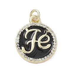 Черный Латунные микро проложить кубического циркония подвески, плоский круглый со словом fe, с эмалью, стойки покрытие, долговечный, без свинца и без кадмия, реальный 18 k позолоченный, с целью перехода в кольце, чёрные, 19x16x2.5 мм, отверстие : 3.2 мм