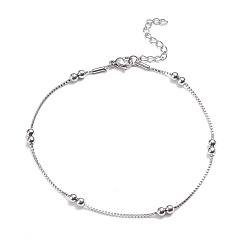 Stainless Steel Color 304 Stainless Steel Box Chain Anklets, with Round Beads and Lobster Claw Clasps, Stainless Steel Color, 9-7/8 inch(25cm), 1.5mm