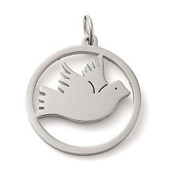 Bird 304 Stainless Steel Pendants, with Jump Ring, Flat Round, Stainless Steel Color, Bird, 33x29.5x2mm, Hole: 5.5mm