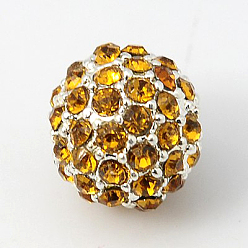 Топаз Бусины из сплава и страза, класс А, круглые, серебряный цвет гальваническим, топаз, 10 мм, отверстие : 2 мм