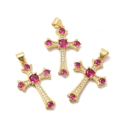 Red Rack Plating Brass Micro Pave Cubic Zirconia Pendants, Long-Lasting Plated, Lead Free & Cadmium Free, Cross Charm, Real 18K Gold Plated, Red, 30x19x3.5mm, Hole: 4X5mm