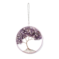 Amethyst Wire Wrapped Chips Natural Amethyst Big Pendant Decorations, with Iron Chains and Imitation Leather Rope, Flat Round with Tree of Life, 295mm