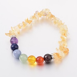 Citrine Natural Citrine(Dyed & Heated) Chips and Round Chakra Natural Gemstone Beaded Stretch Bracelets, 50~53mm