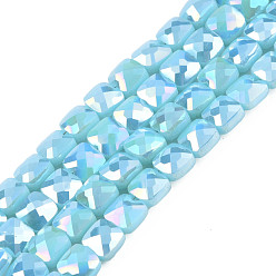 Sky Blue Electroplate Opaque Solid Color Glass Beads Strands, AB Color Plated, Faceted, Square, Sky Blue, 6.5x6.5x4.5mm, Hole: 1.2mm, about 97~99Pcs/strand, 25 inch(63.5cm)